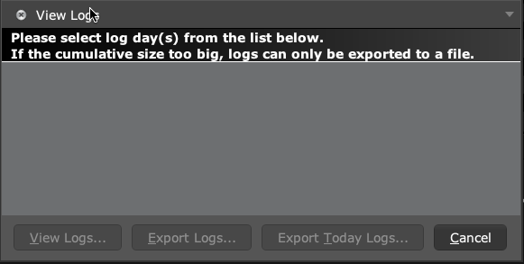 TWS View Logs dialog with View Logs, Export Logs and Export Today Logs buttons