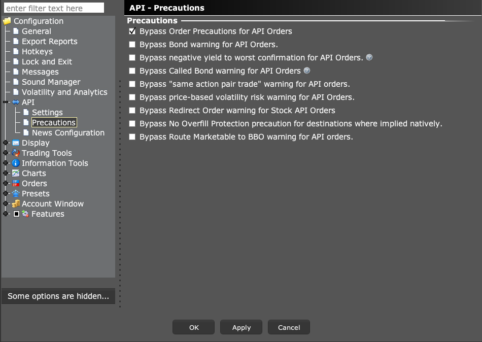 TWS API Precautions panel with individual bypass controls