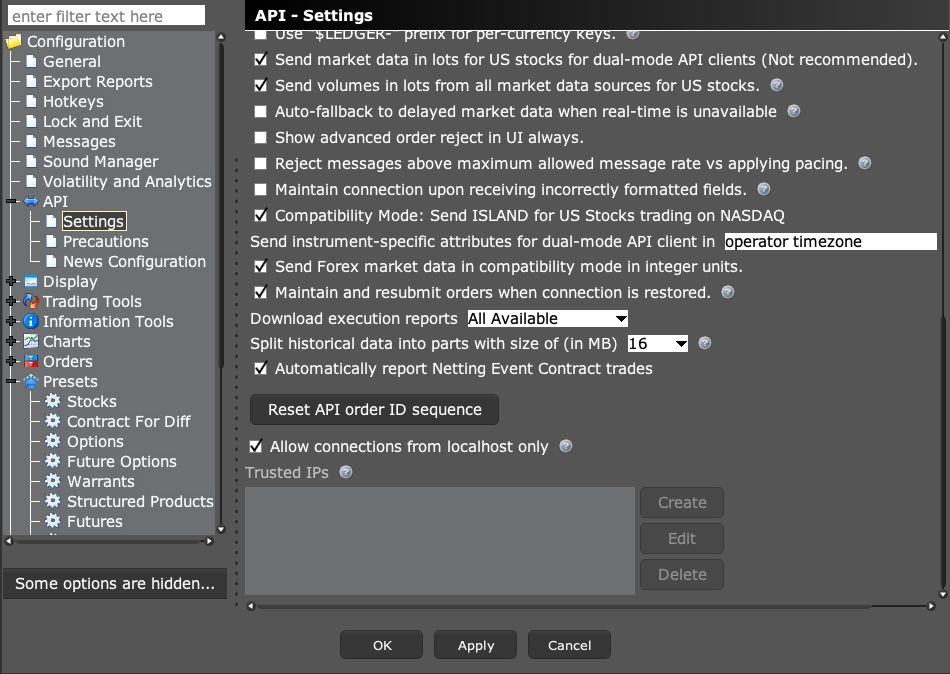 Lower TWS API Settings showing localhost-only and Trusted IPs controls