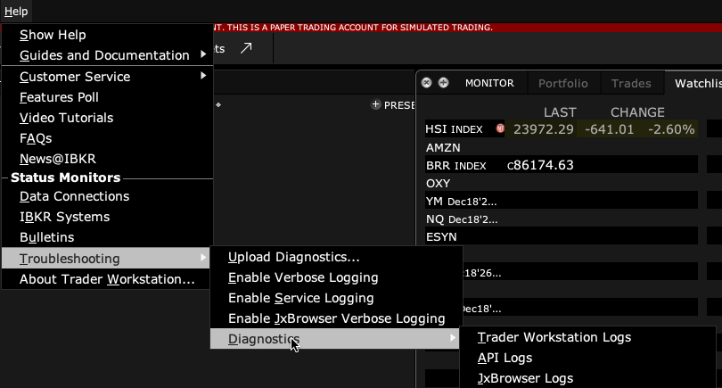 Help, Troubleshooting, Diagnostics menu leading to API Logs
