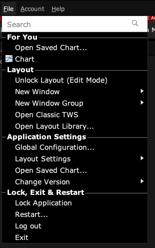 TWS Mosaic File menu with Global Configuration and Layout Settings