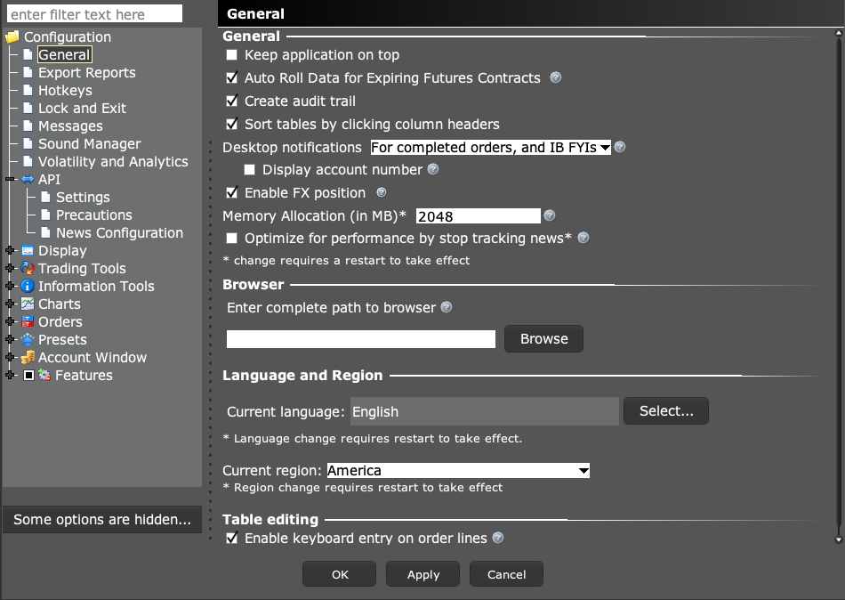 TWS General settings with Memory Allocation in MB