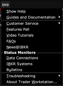 TWS Help menu with Data Connections, Troubleshooting and About commands