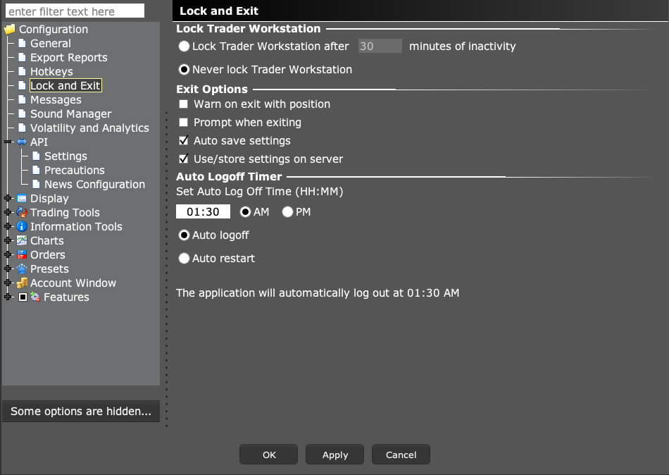 TWS Lock and Exit settings showing lock and restart controls