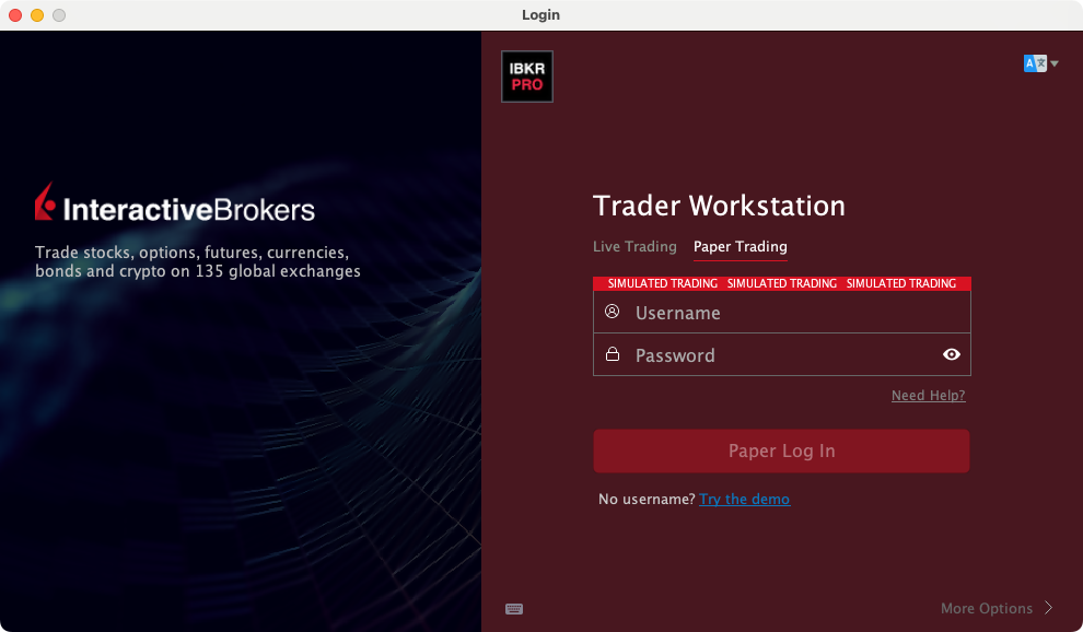 TWS login with Paper Trading selected and both credential fields empty