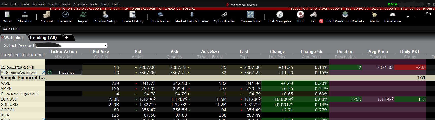 A TWS watchlist with live bid, ask and last quotes; the API app must be connected to this same session to see them.
