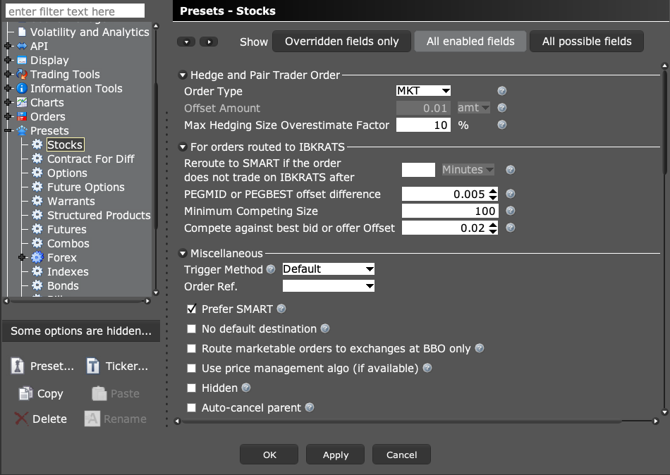 TWS stock preset Miscellaneous section with Trigger Method set to Default
